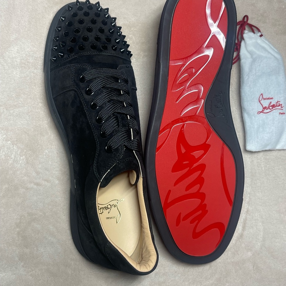 Christian Louboutin Black Suede Spiked Sneakers Vieira spikes flat veau velour - Picture 7 of 7